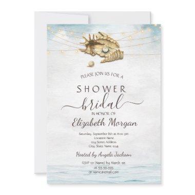 Seashells,Sea,String Lights Script Bridal Shower Invitations