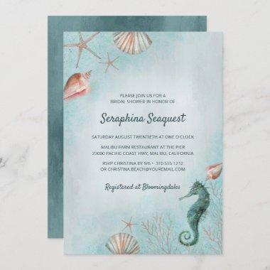 Seashore | Beach Blue Seashells Bridal Shower Invitations