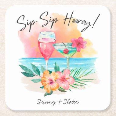 Seaside Sippin' | Tropical Beach Sip Sip Hooray Square Paper Coaster