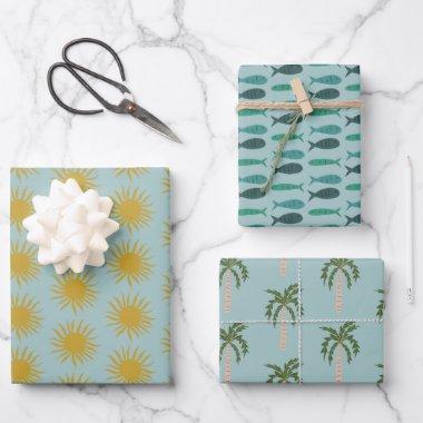 Seaside Soiree Palm trees Fishes Suns Cute CUSTOM Wrapping Paper Sheets