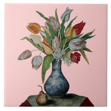 SEASON'S FRUITS / TULIPS IN VASE AND PEAR CERAMIC TILE