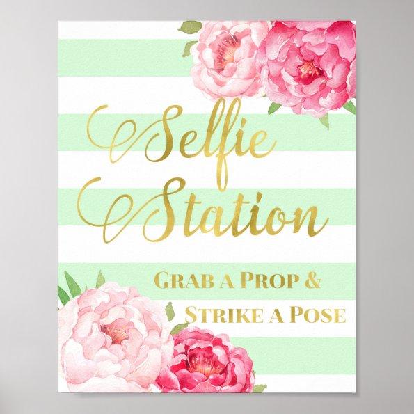 Selfie Station Sign Pink Floral Gold Mint Stripes