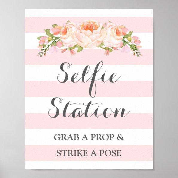 Selfie Station Wedding Sign Pink Flowers Stripes