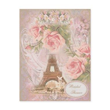 Shabby Chic Eiffel Tower Pink Floral Bridal Shower Invitations