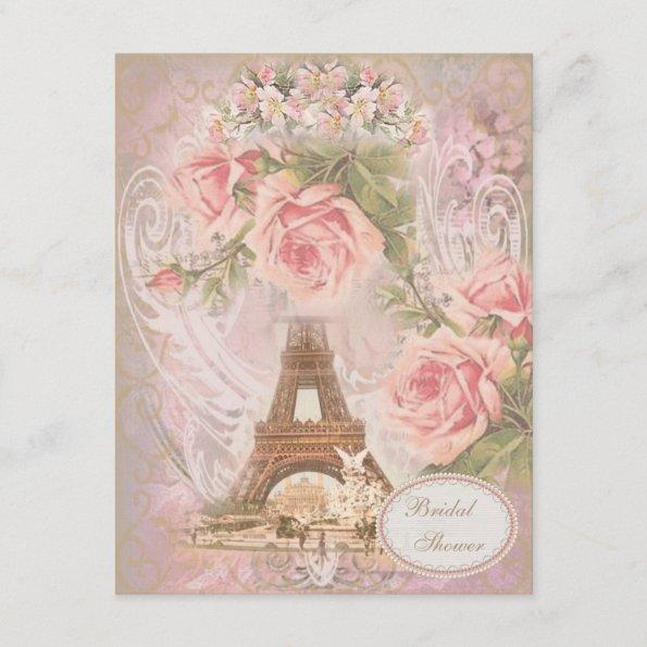 Shabby Chic Eiffel Tower Pink Floral Bridal Shower Invitations