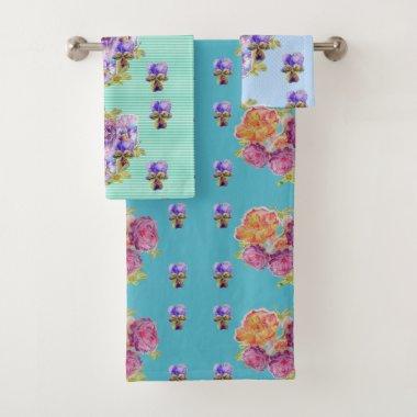 Shabby Chic Teal Roses Floral flowers Towel Set