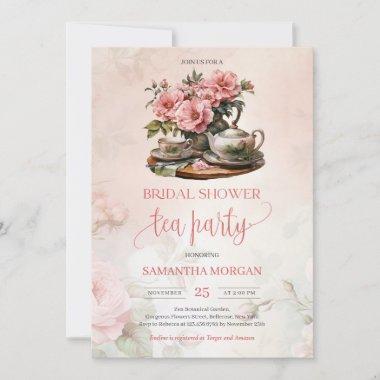 Shabby Chic watercolor blush pink roses tea party Invitations
