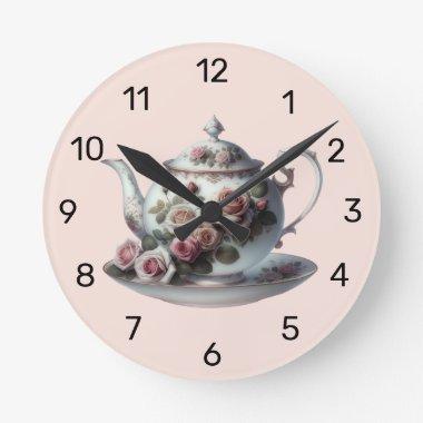 Shabby Pink Rose Vines Floral Bridal Tea Shower Round Clock