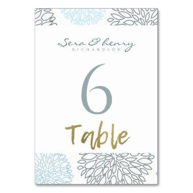 SHADES OF BLUE DAHLIA FLORAL PATTERN GOLD TABLE TABLE NUMBER