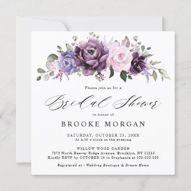 Shades of Dusty Purple Blooms Floral Bridal Shower Invitations