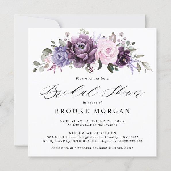 Shades of Dusty Purple Blooms Floral Bridal Shower Invitations