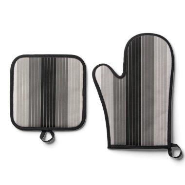Shades of Gray Black White Striped Oven Mitt & Pot Holder Set