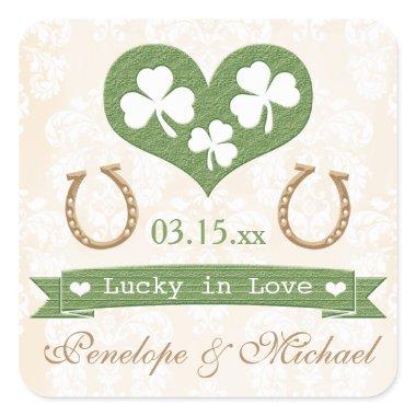 Shamrock and Horseshoe Lucky in Love Wedding Square Sticker