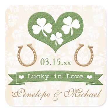 Shamrock and Horseshoe Lucky in Love Wedding Square Sticker