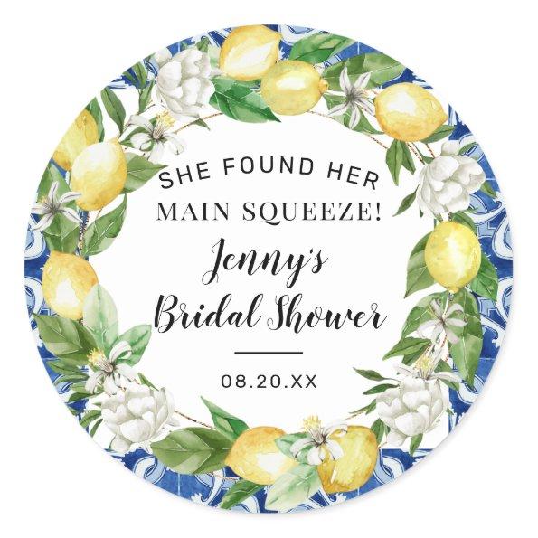 She Found Her Main Squeeze Lemon Bridal Shower Cla Classic Round Sticker