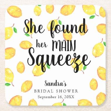 She Found Her Main Squeeze Lemon Bridal Shower Nap Square Paper Coaster