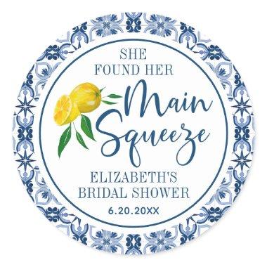 She Found Her Main Squeeze Lemon Italian Blue Tile Classic Round Sticker