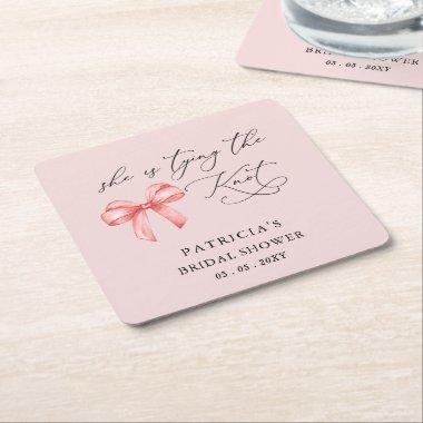 She is tying the knot pink bow  Square Paper Coaster