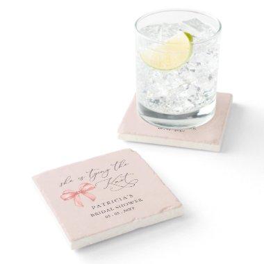She is tying the knot pink bow  Stone Coaster