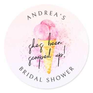 She’s Been Scooped Up Pink Ice cream Bridal Shower Classic Round Sticker