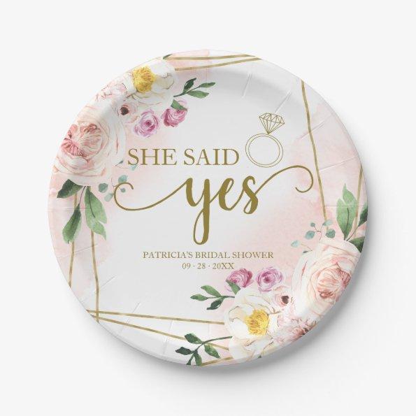 She Said Yes Blush Floral Geometric Bridal Shower Paper Plates
