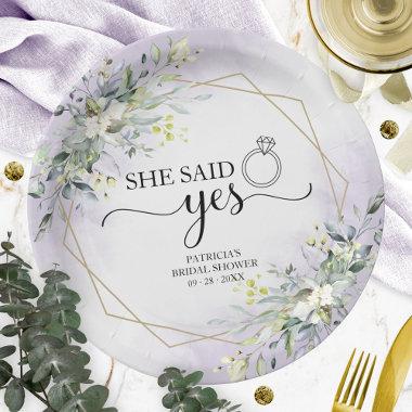She Said Yes Greenery Geometric Bridal Paper Plates