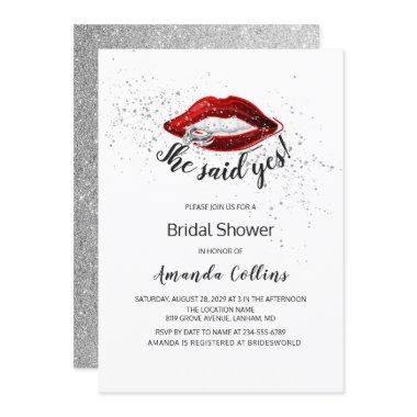 SHE SAID YES Modern Glitter Silver Bridal Shower Invitations