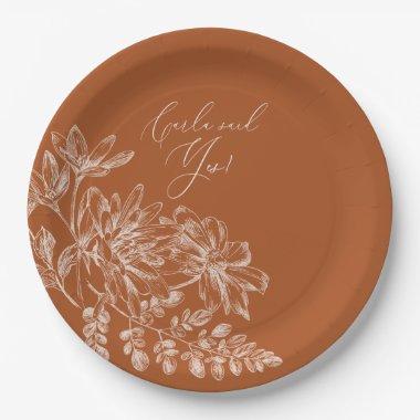 She Said Yes Terra Cotta Monogram Floral Paper Plates