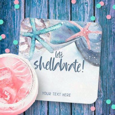 Shellabration | Watercolor Beach Starfish Seashell Square Paper Coaster