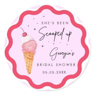 She's Been Scooped Up Pink Red Wavy Bridal Shower Classic Round Sticker