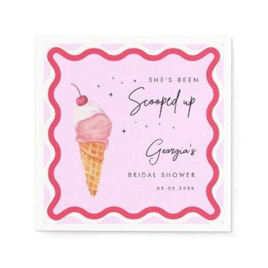 She's Been Scooped Up Pink Red Wavy Bridal Shower Napkins
