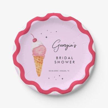 She's Been Scooped Up Wavy Pink Red Bridal Shower Paper Plates