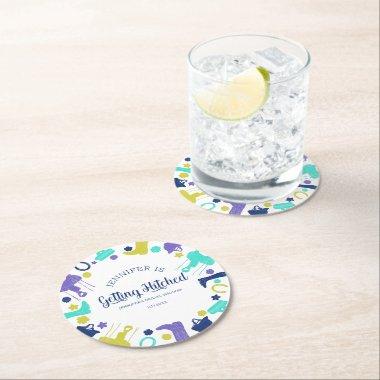 She's Getting Hitched Fun Equestrian Bridal Shower Round Paper Coaster