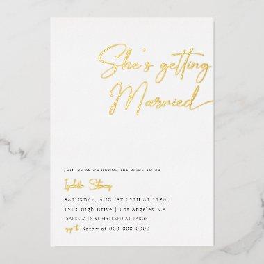 She's Getting Married Minimalist Bridal Shower Foil Invitations