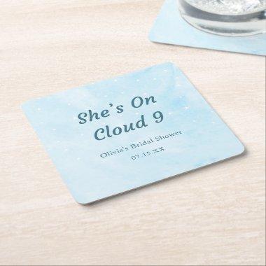 She's On Cloud 9 Dreamy Sky Blue Bridal Shower Square Paper Coaster