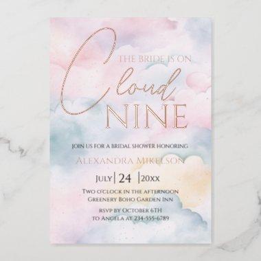 She's on cloud 9 Rose Gold Elegant Bridal Shower Foil Invitations