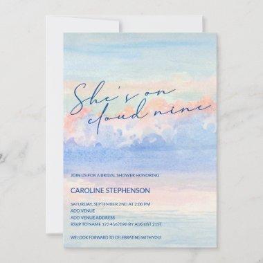 Shes On Cloud Nine Pastel Watercolor Bridal Shower Invitations