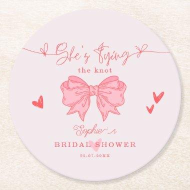 She's Tying the Knot Blush Pink Bow  Round Paper Coaster
