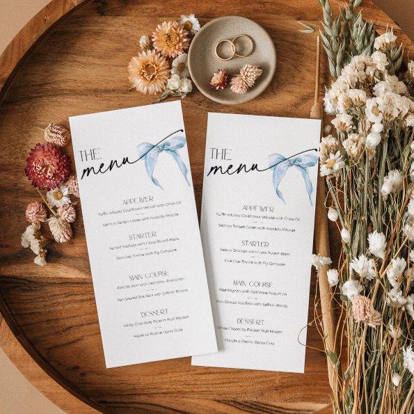 She's tying the knot  Menu blue bow