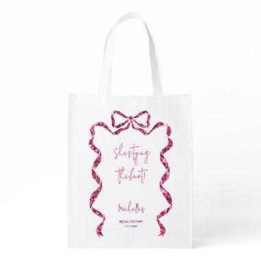 Shes tying the knot glitter pink bow  grocery bag