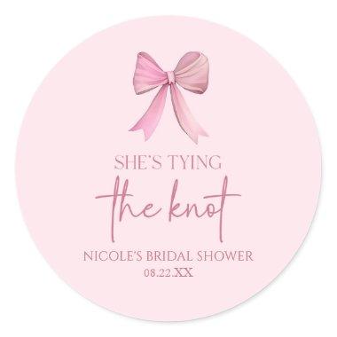 She's Tying The Knot Pink Bow Bridal Shower Classic Round Sticker