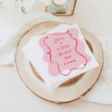 She's tying the knot retro pink and red wavy frame napkins