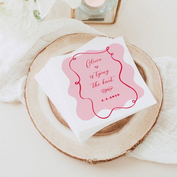 She's tying the knot retro pink and red wavy frame napkins