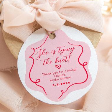 She's tying the knot retro wavy pink and red favor tags