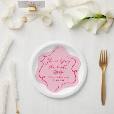 She's tying the knot retro wavy pink red paper plates