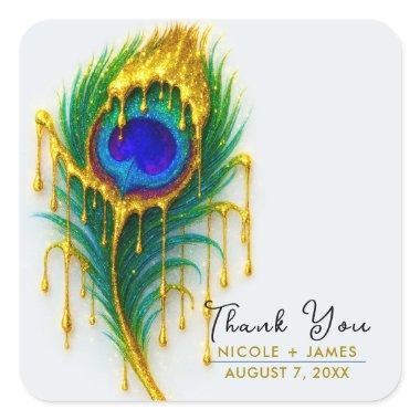 Shimmer Gold Drip Beauty Glam Peacock Feather Square Sticker