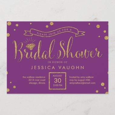 Shiny Bling Bridal Shower Invitations - Purple Gold