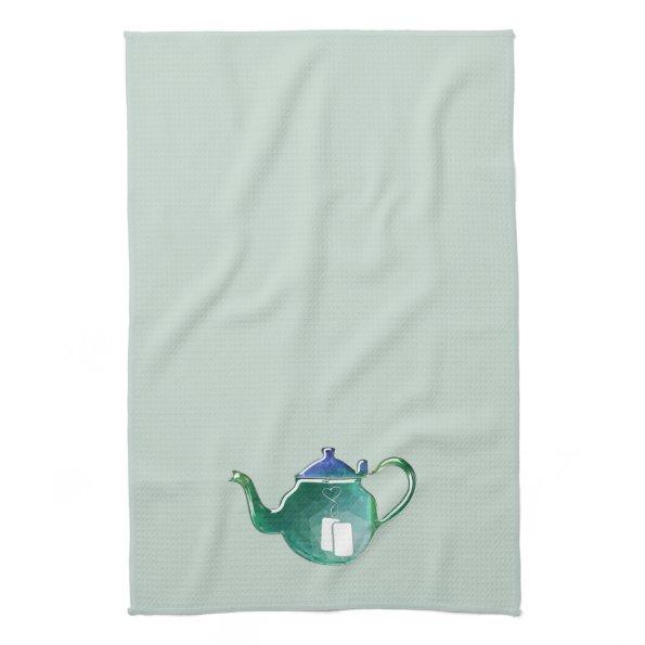 Shiny Blue & Green Tea Pot ANY COLOR BACKGROUND Kitchen Towel