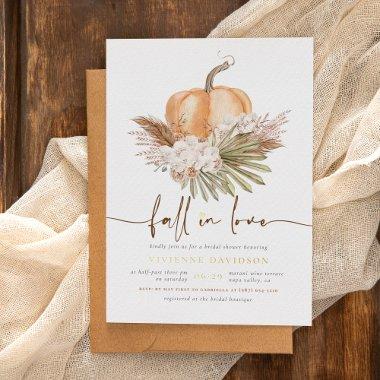 Shiny Fall In Love Pampas & Pumpkin Bridal Shower Foil Invitations