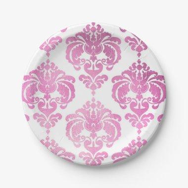 Shiny Pink & White Damask Vintage Wedding Event Paper Plates